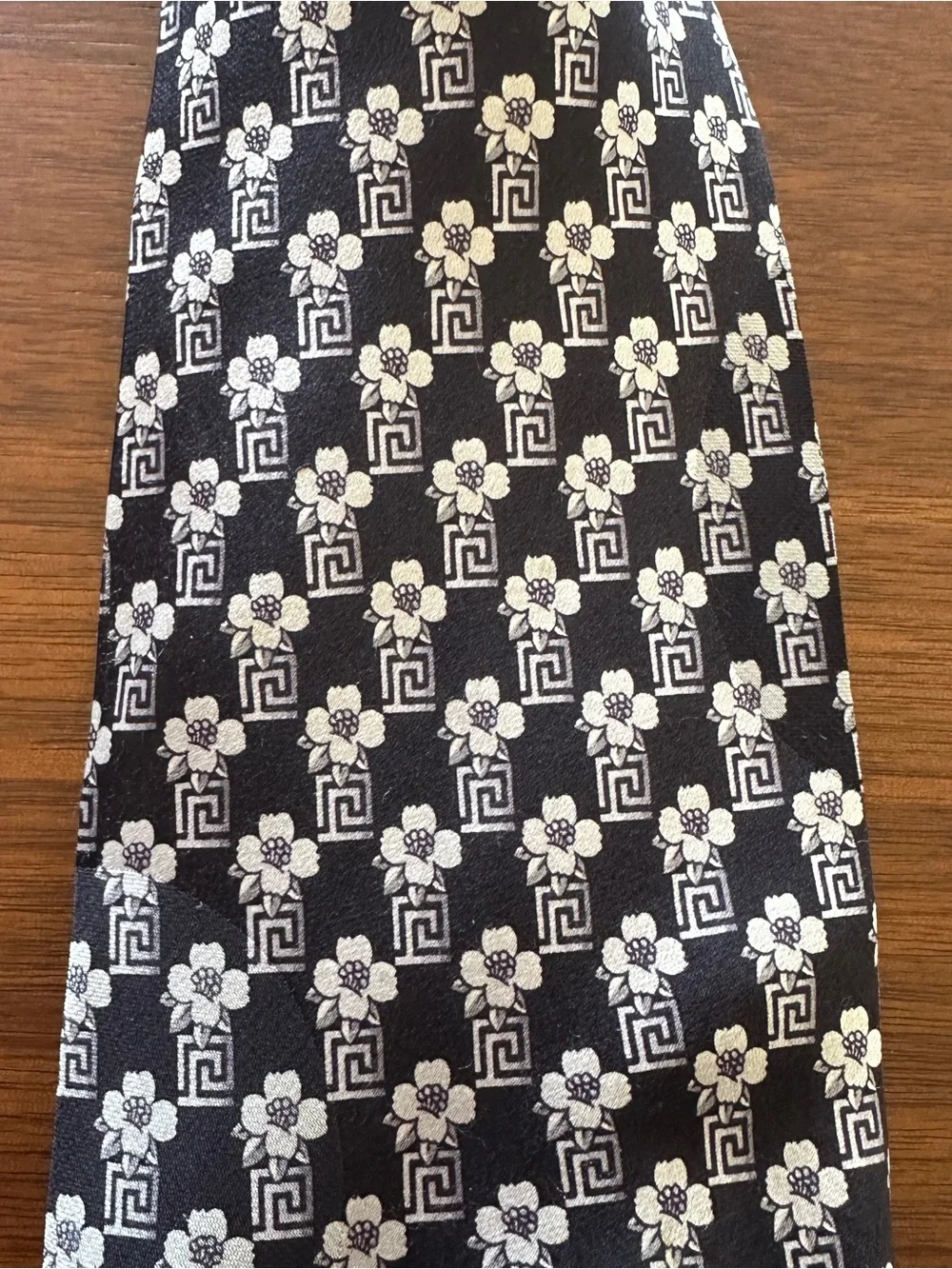 Versace Black & White Greek Key and Floral Silk Tie